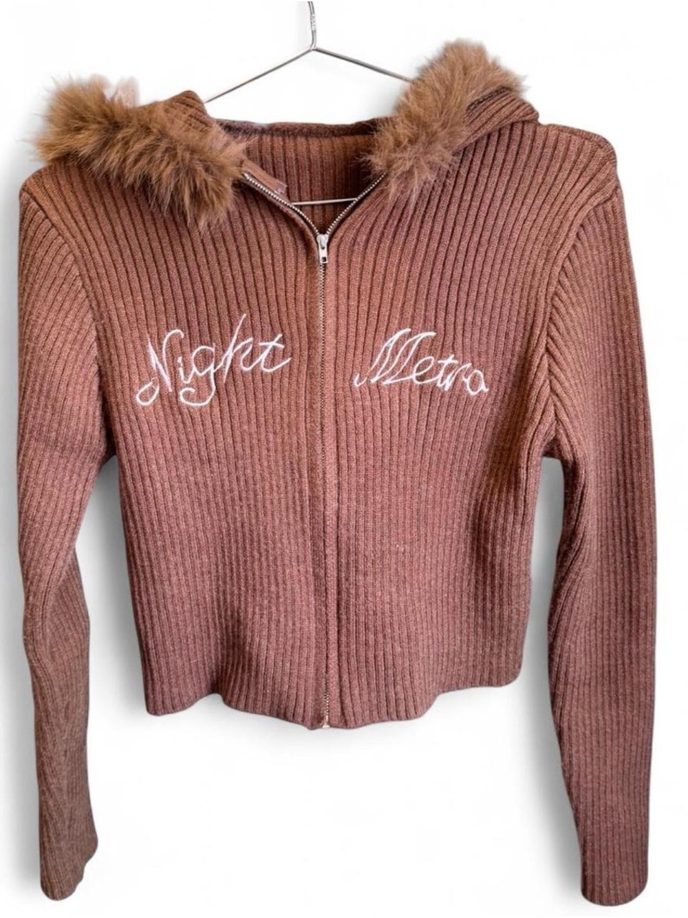 Vintage Brown Y2K Ribbed Knit Zip Hoodie w/ Real Fur Hood Brown Cropped